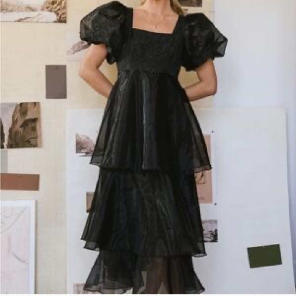 Bohme Black Organza Layered Tiered Puff Sleeve Maxi  Dress Gothic Punk  Size M
